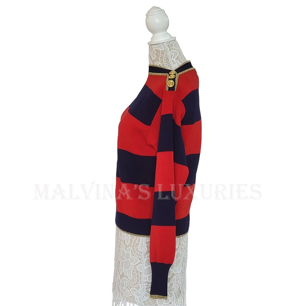GUCCI SWEATER STRIPED COTTON RED & BLUE JUMPER w LOGO BUTTONS - Picture 6 of 15